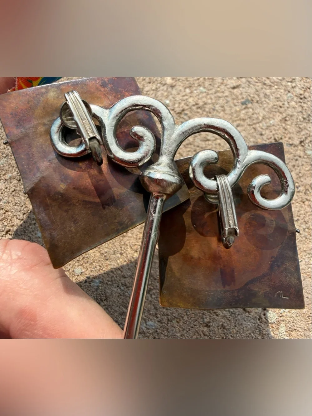 Vintage Mixed Metal Clip Earrings | Sterling Silver Scrollwork & Copper | Modern